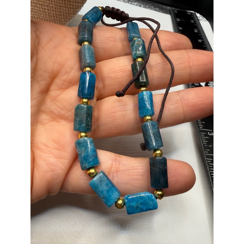 Natural Blue Apatite Tube Bead Adjustable Cord Bracelet Gold Tone Spacers Teal